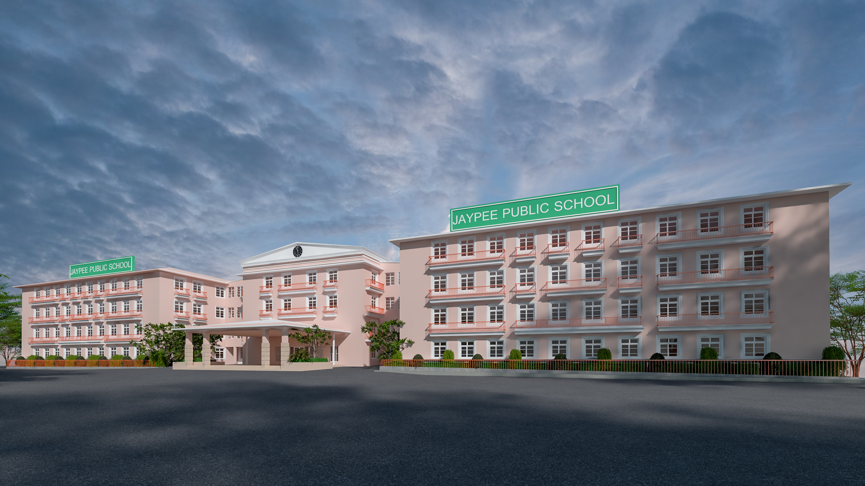 Jaypee Public School angled exterior 3D render